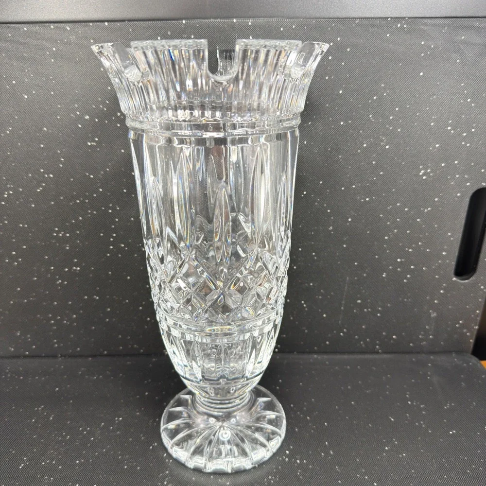 Waterford Crystal Romance of Ireland Vase 11 Inch Scalloped Rim Footed Clear VTG